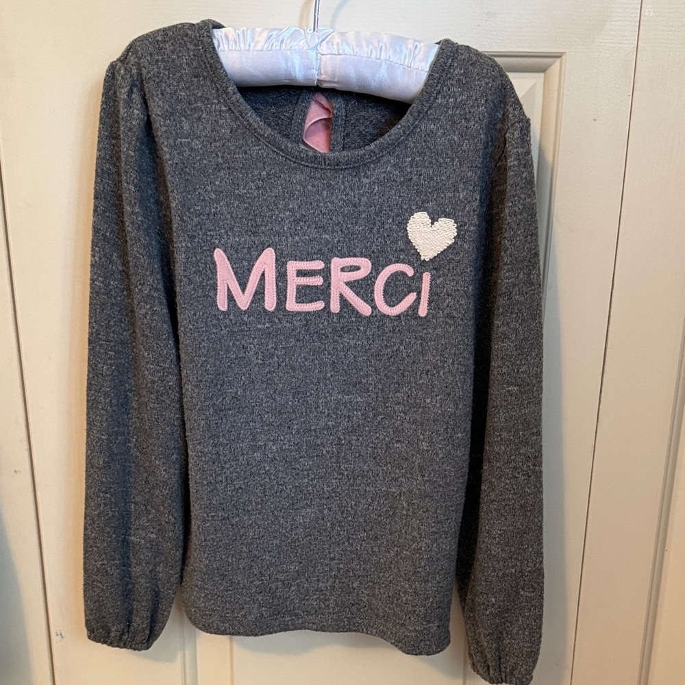 French Connection Gray Sweater with Pink Embroidered Merci